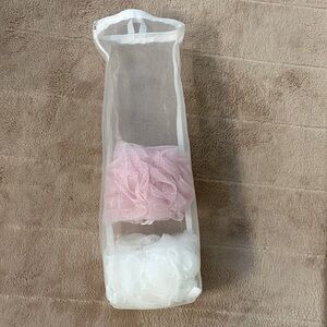 Hanging Mesh Shower Caddy with Pink and White Bath Poufs (Never used)